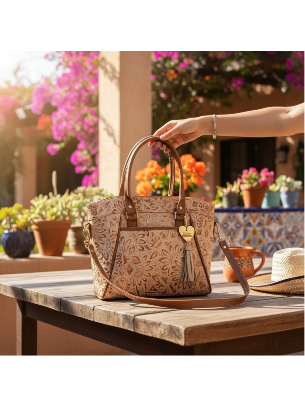 Sunflower Light Taupe Gold Brown Embossed Tooled Artisan LEATHER Purse Handbag